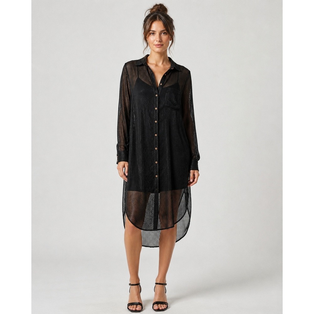 Akemi + Kin Shirt Dress XS Black Sheer Burnout Houndstooth High Low Long Sleeve